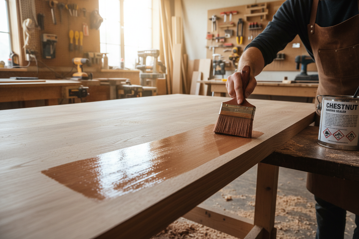 Chestnut sanding sealer application showing proper wood surface preparation technique