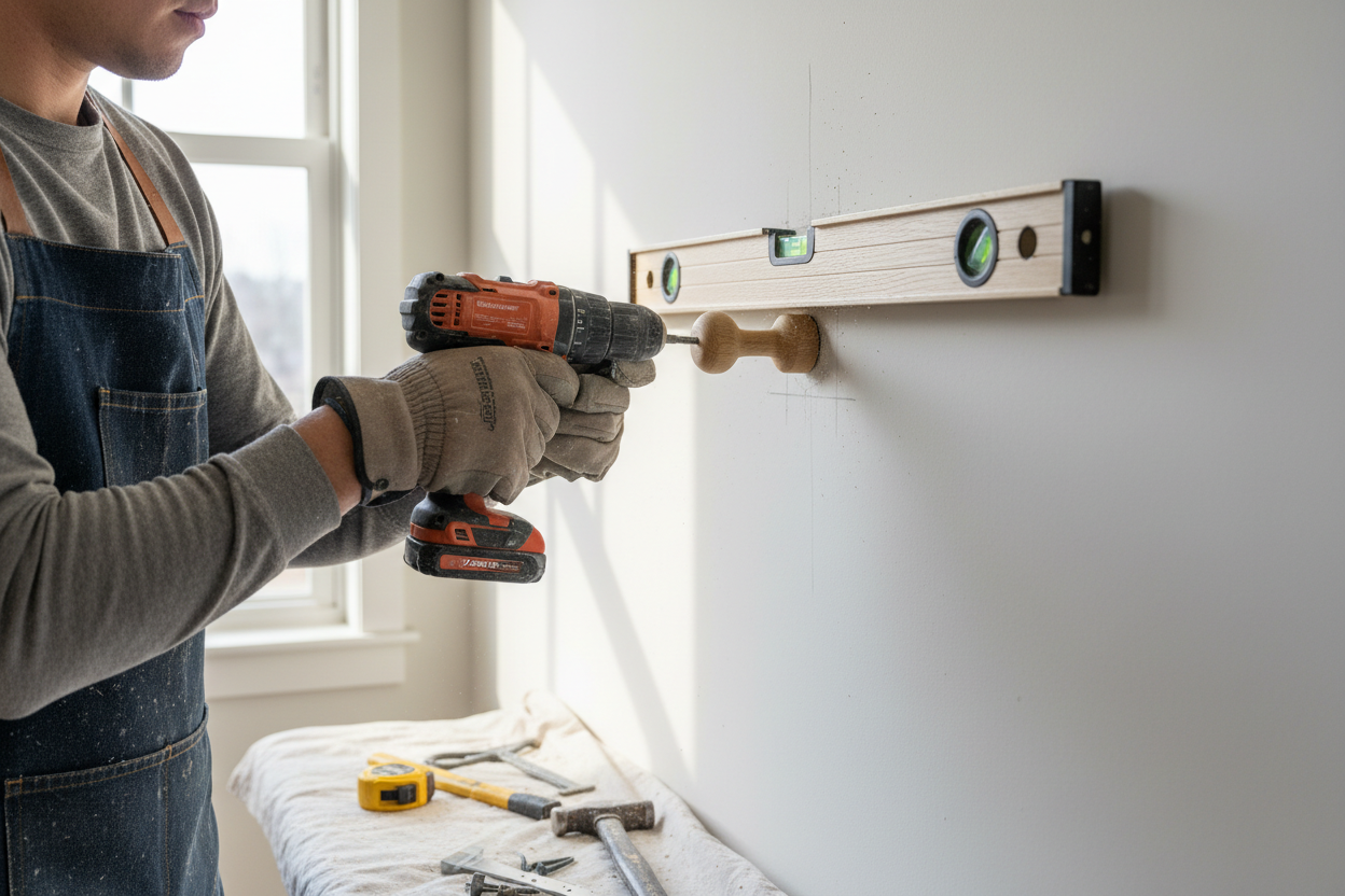 Person installing a wooden wall hook into a stud wall using a power drill with spirit level