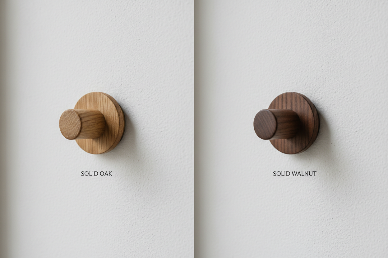 Side by side comparison of solid oak and solid walnut wall hooks showing colour difference