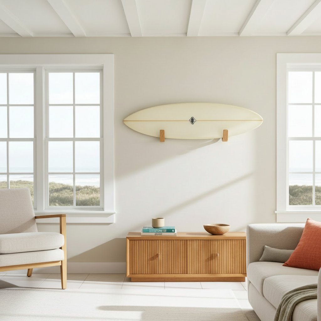 Premium oak surfboard wall mount — handcrafted in the UK by NOIR.DESIGN