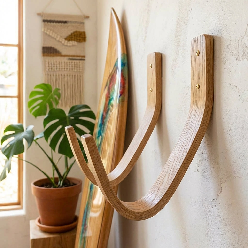 Handmade oak surfboard wall rack with smooth bent wood arms for stylish board storage