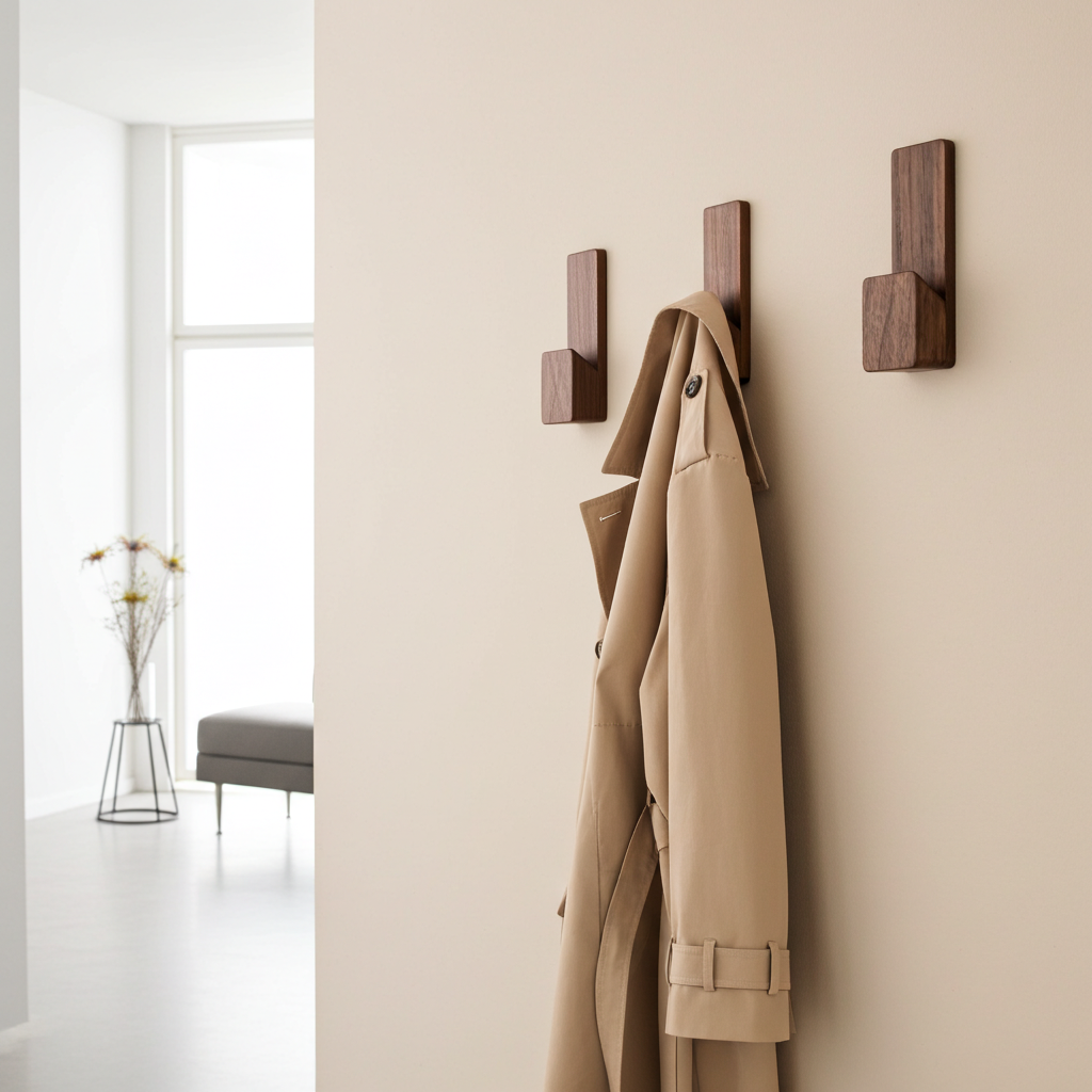 Beige coat hanging on coat hooks against a beige wall.