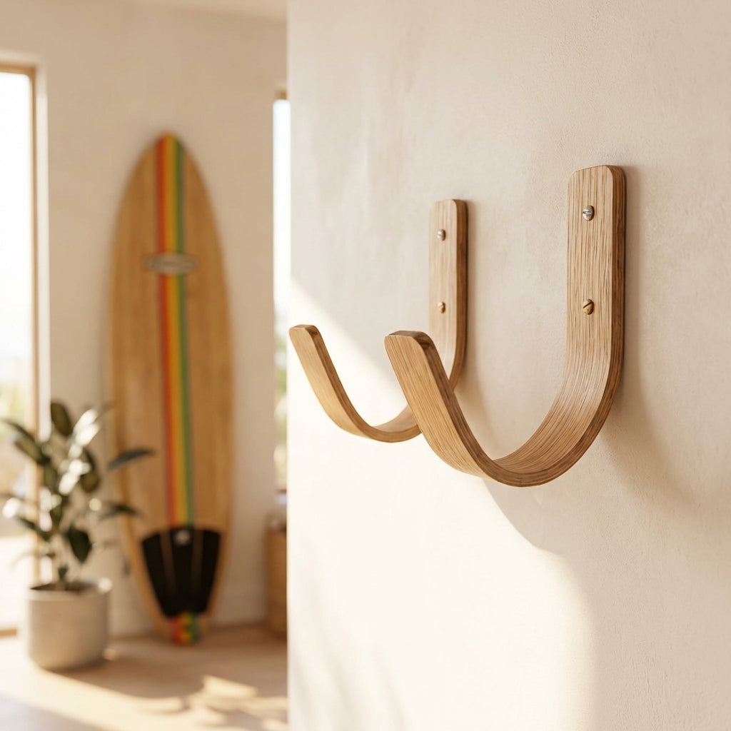 Close up shot of the oak surfboard designer wall mounts to display surfboard