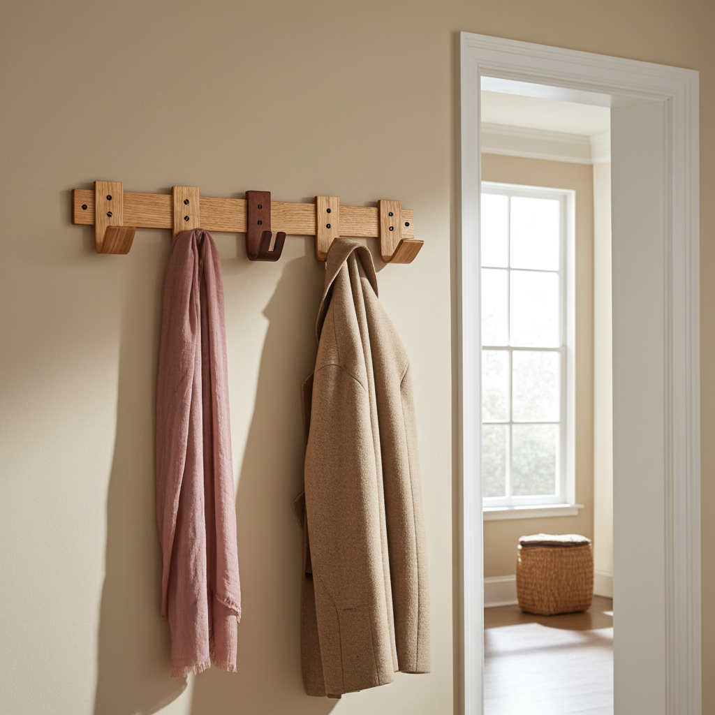 Designer Oak & Walnut Coat Rack with Key Storage - 5 Hooks
