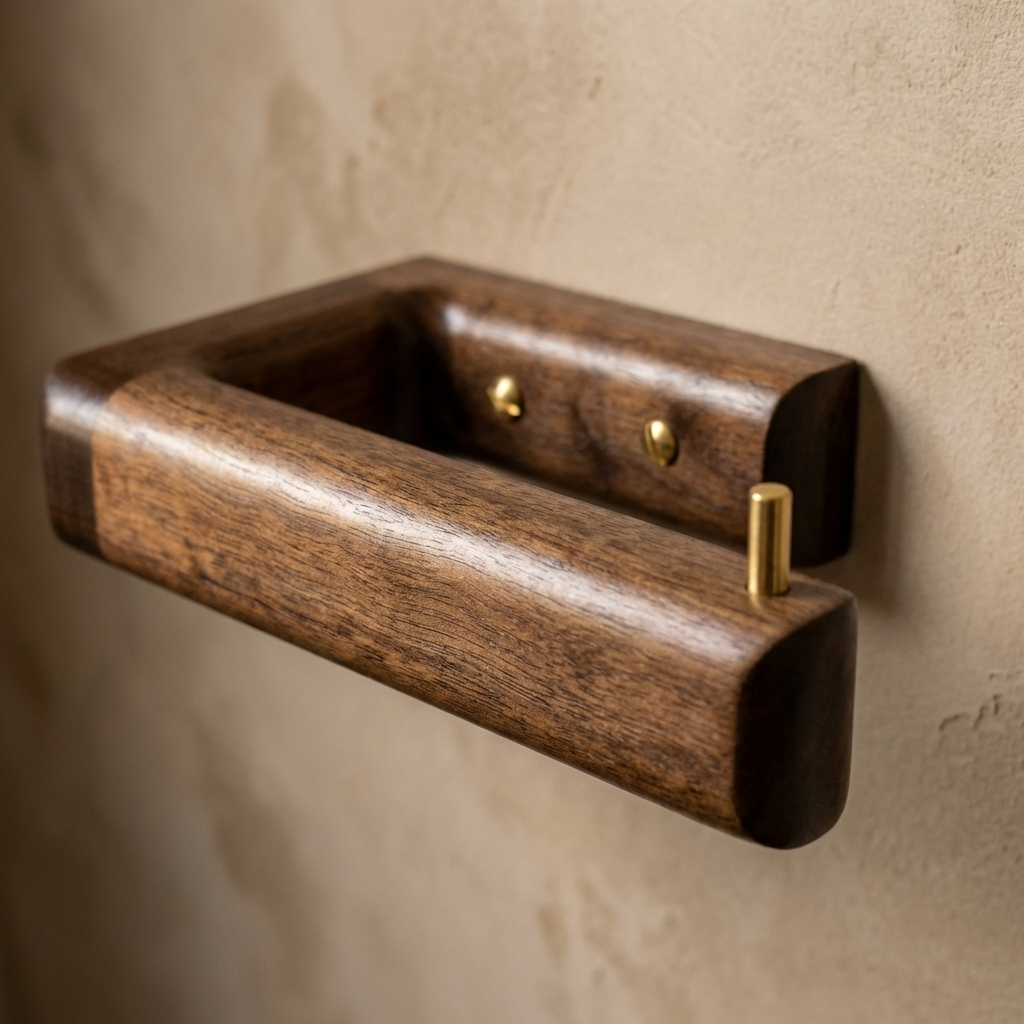 Luxury walnut toilet roll holder fixed to the wall in a bathroom
