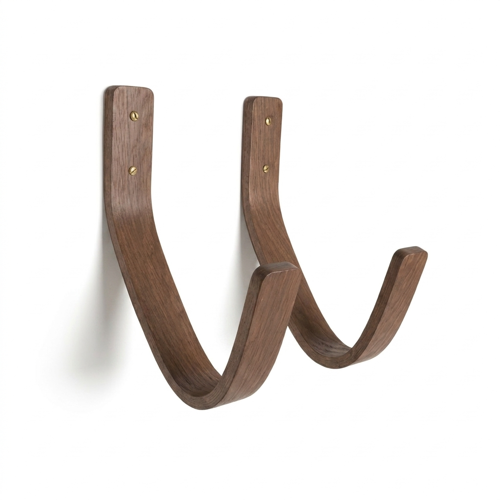 detail of curved walnut surfboard wall mount