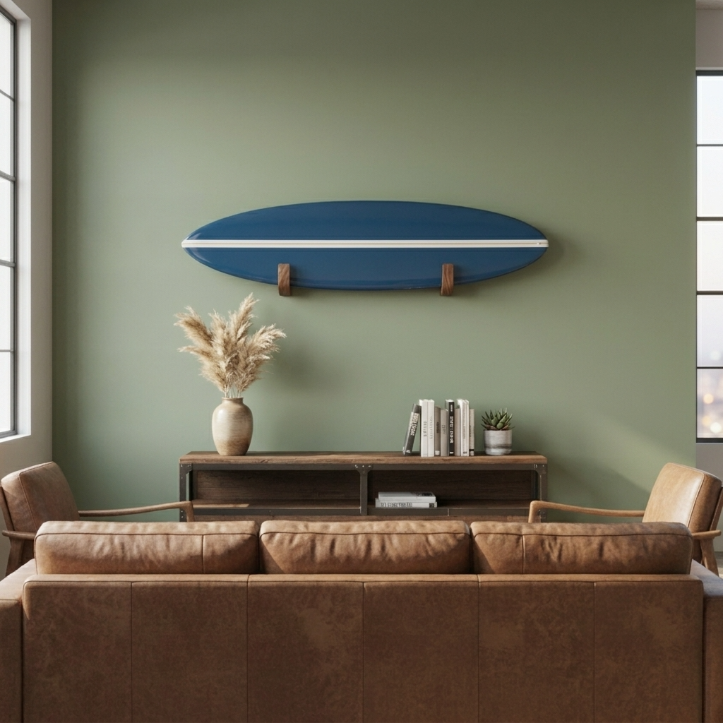 walnut longboard rack mounted on white wall