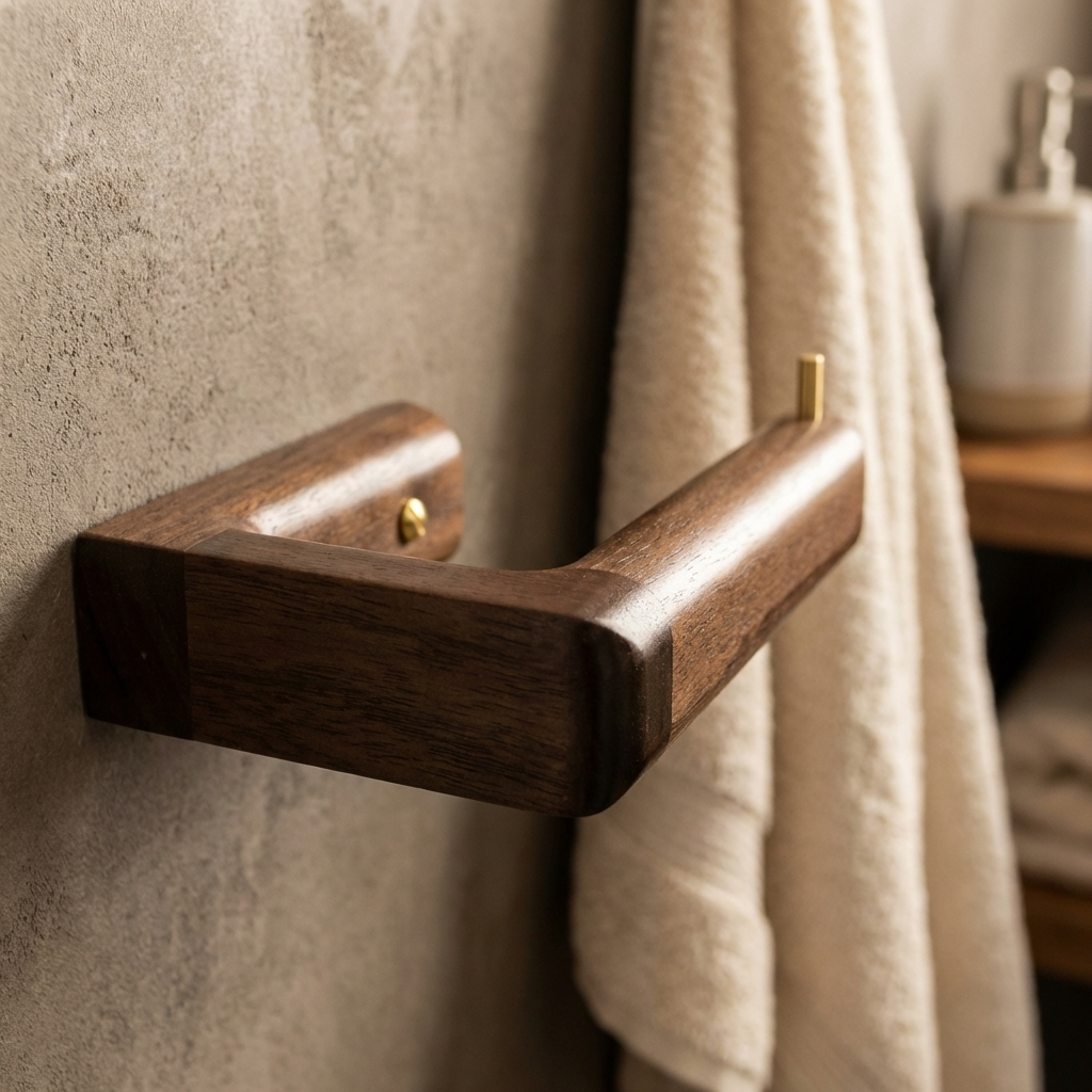 Walnut toilet roll holder in a posh restroom