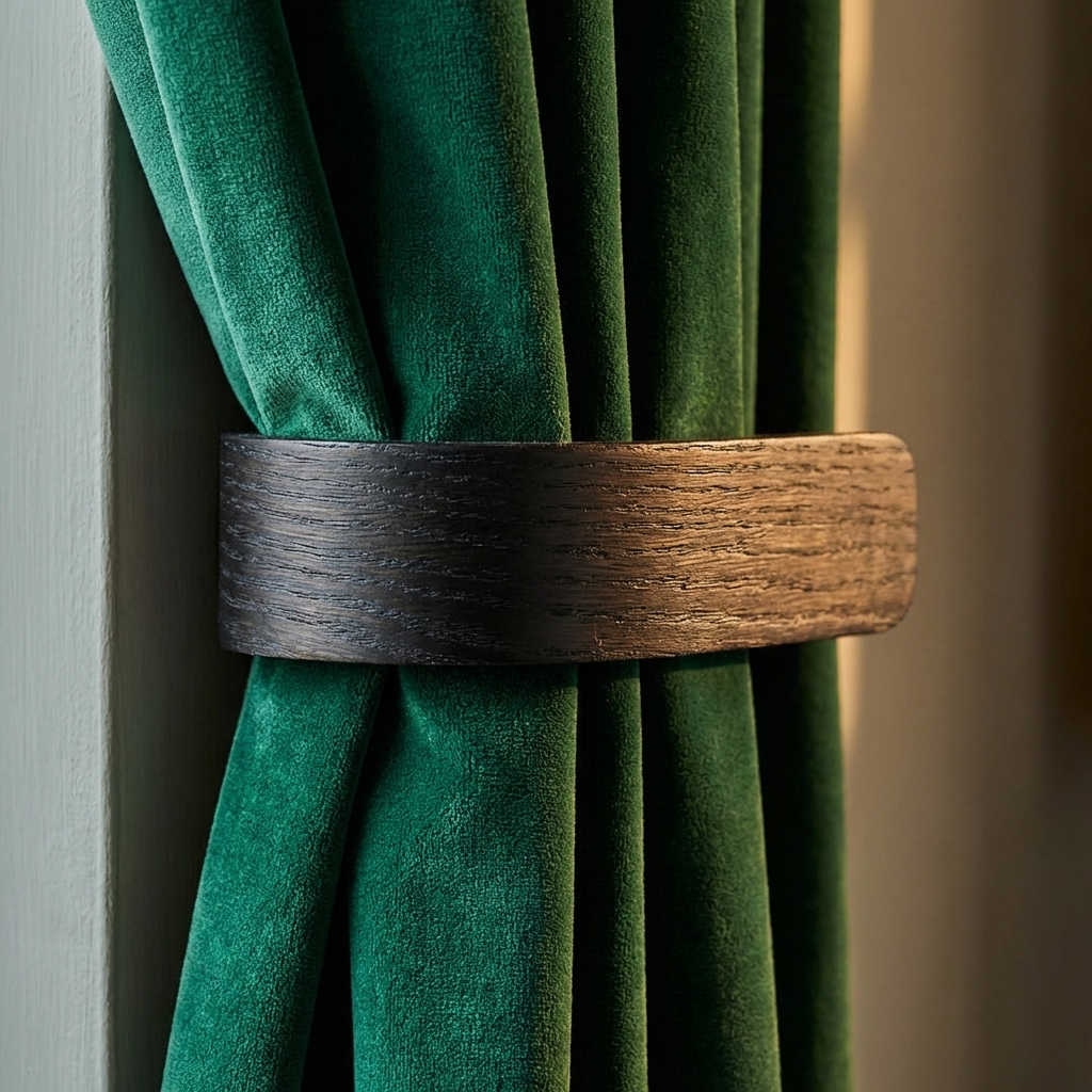 Green curtain with a wooden curtain tieback against a neutral background