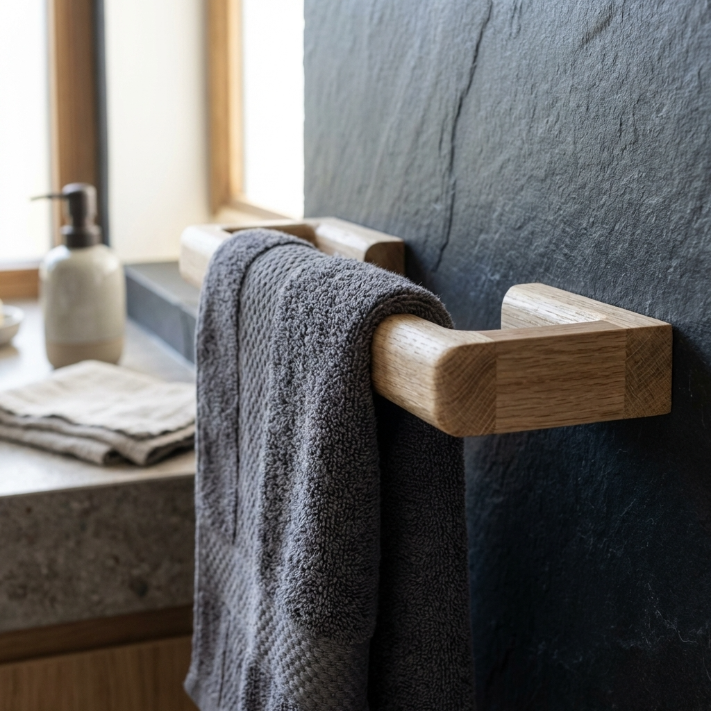 Wooden towel rack with a gray towel on a dark gray wall in a bathroom setting.