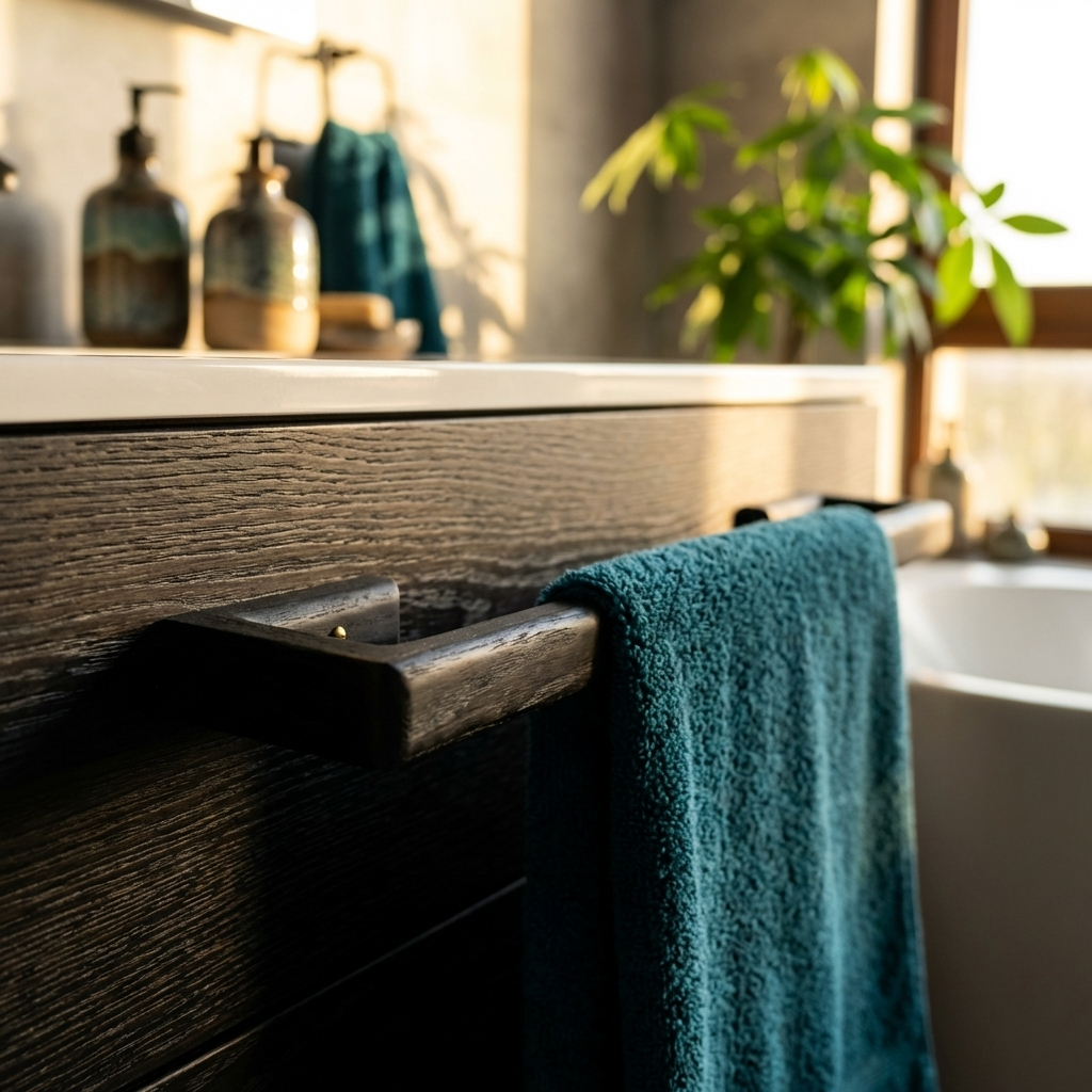 Teal towel draped over a wooden towel rack in a bathroom setting with a mirror and plant.