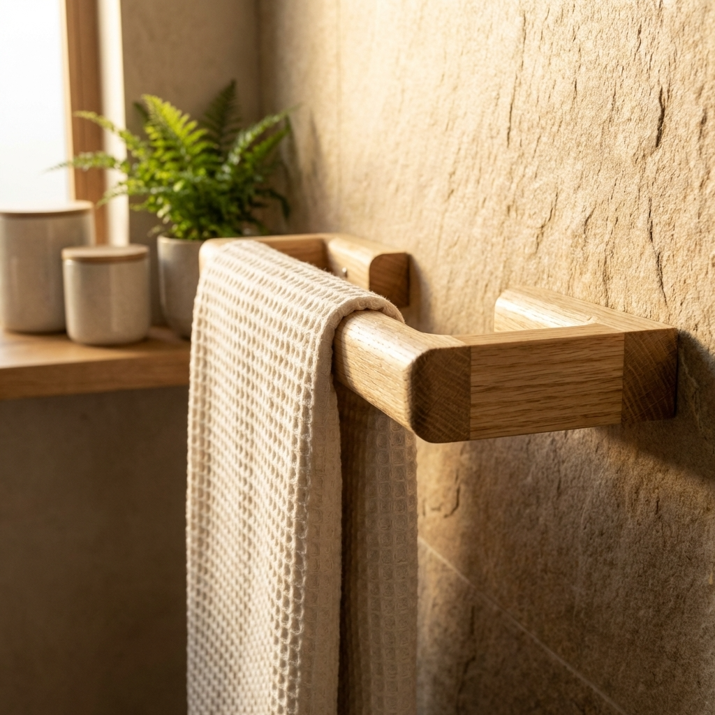 Wooden towel rack with a towel hanging on it in a bathroom setting.