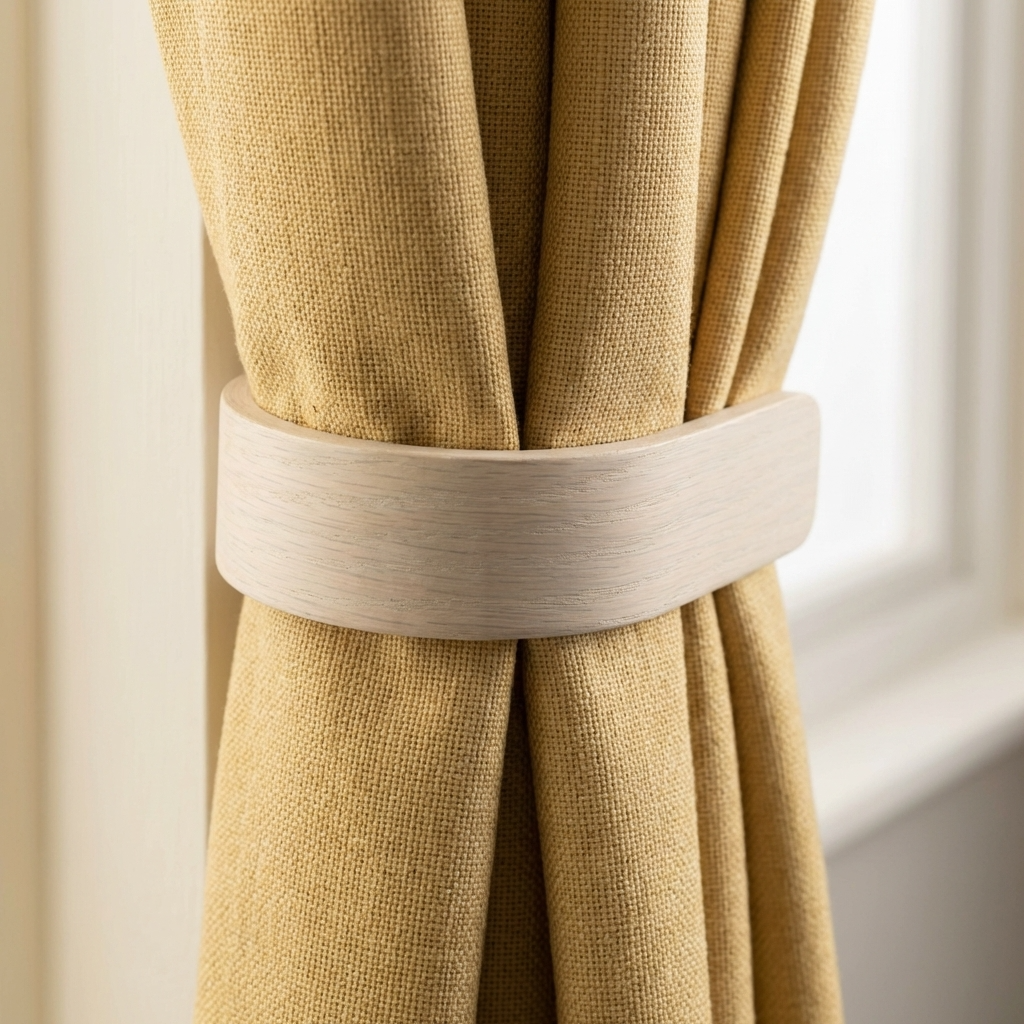 Beige curtain with a wooden tieback against a neutral background
