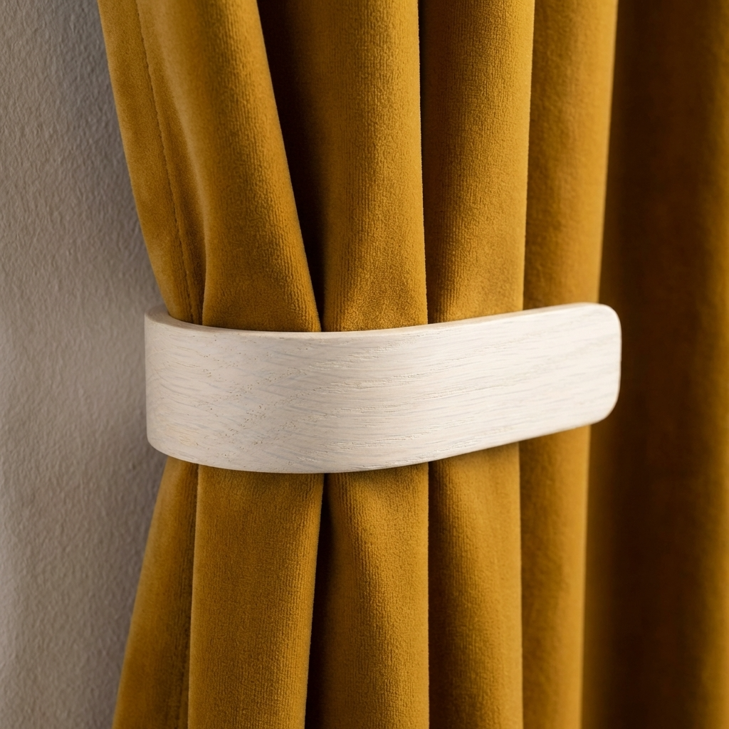 Mustard yellow curtain with a white curtain tieback against a neutral wall.