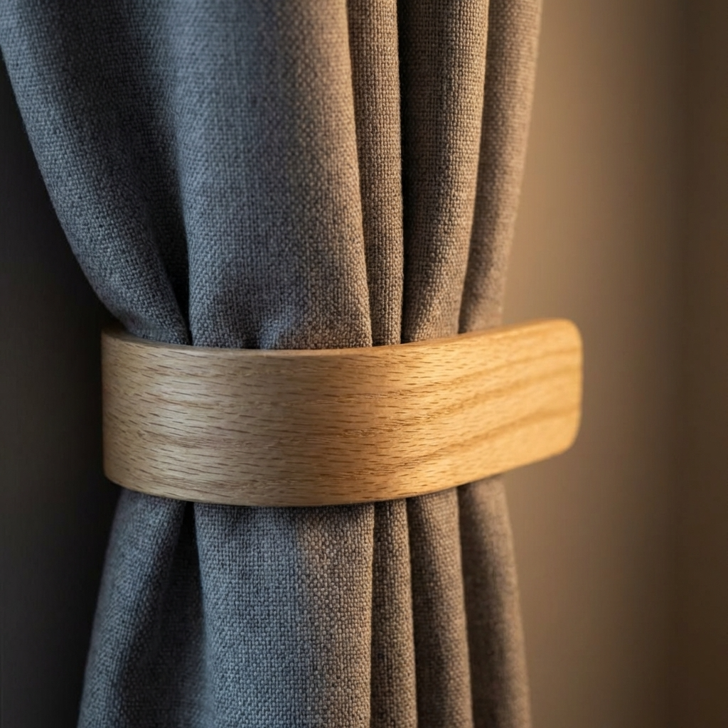 Gray curtain with a wooden tie-back against a neutral background