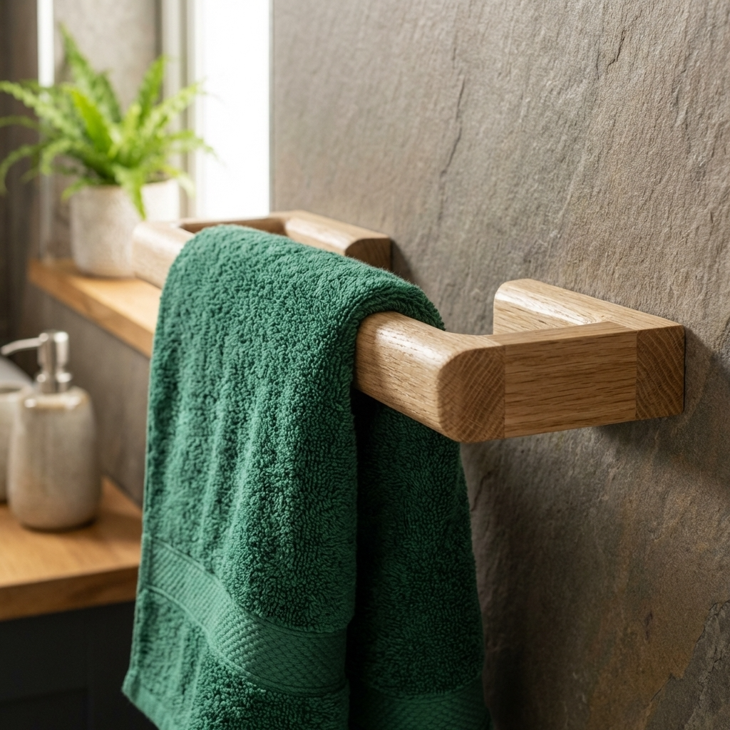 Green towel hanging on a wooden towel rack in a bathroom setting.