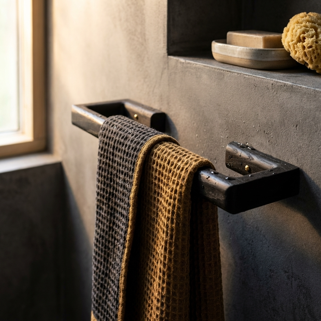 Towel rack with a brown towel in a bathroom setting