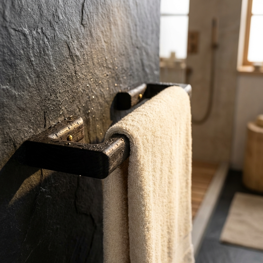 Towel hanging on a black towel rack against a stone wall in a bathroom.