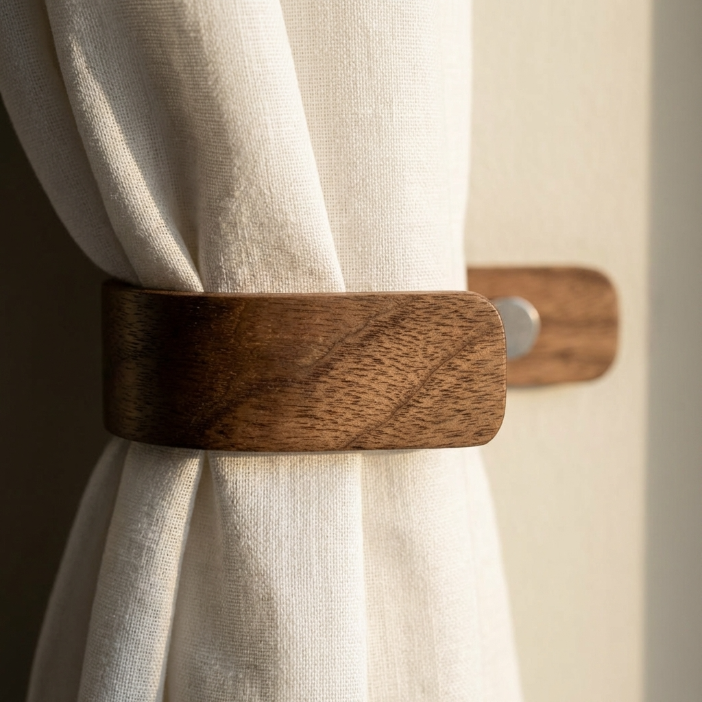 Wooden curtain tieback holding a beige curtain against a neutral wall.