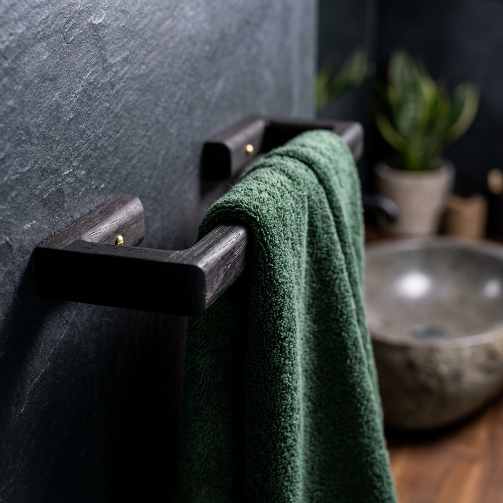 Green towel hanging on a dark wooden towel rack against a gray wall with a plant and sink in the background.
