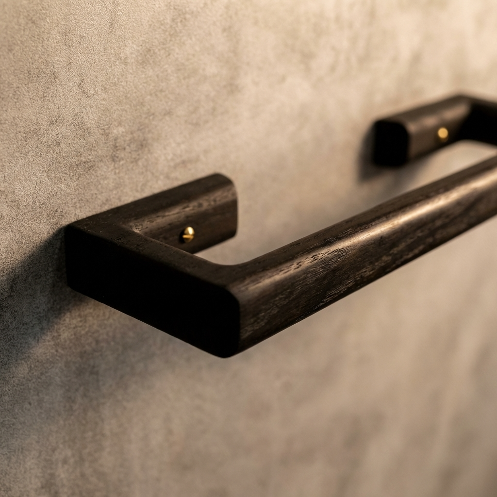 Black towel bar on a textured wall