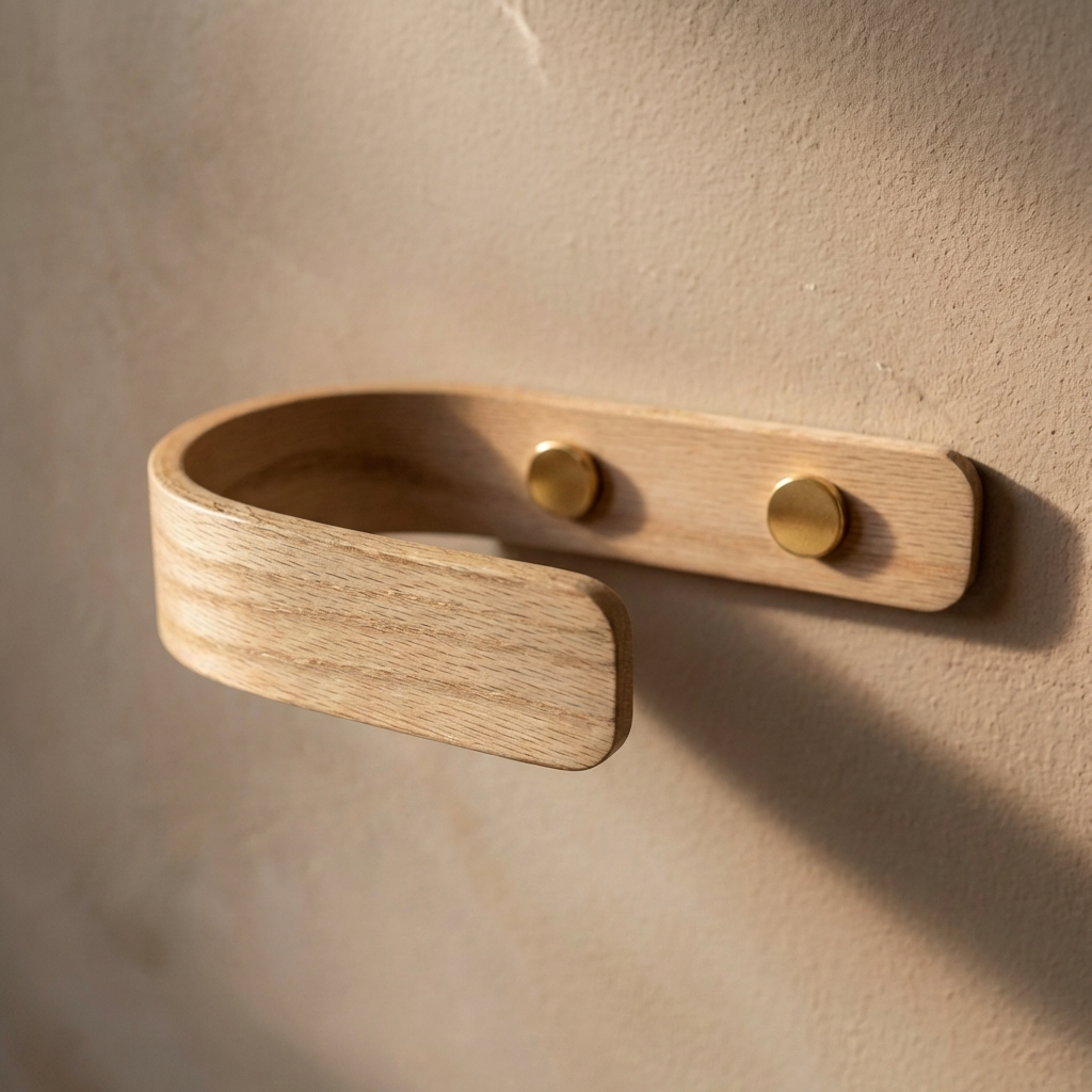 Oak curtain holdback with brass fitting fixed to the wall near a window designed to holdback a curtain