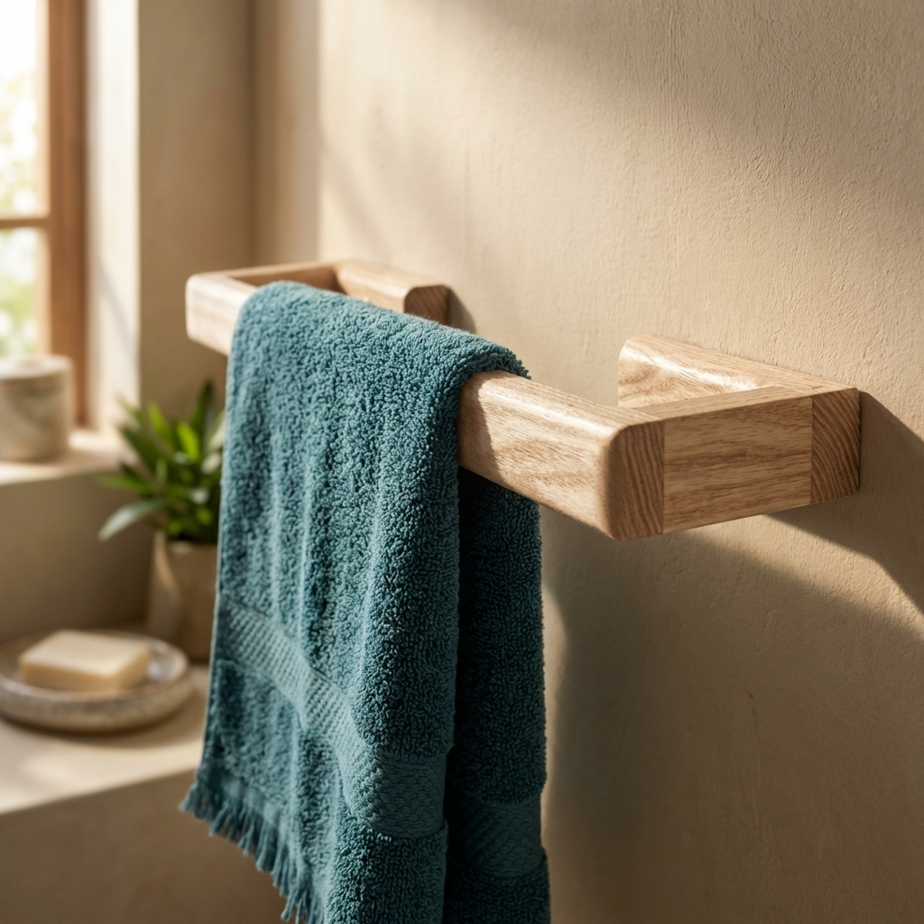 Teal towel hanging on a wooden towel rack against a beige wall with natural light.