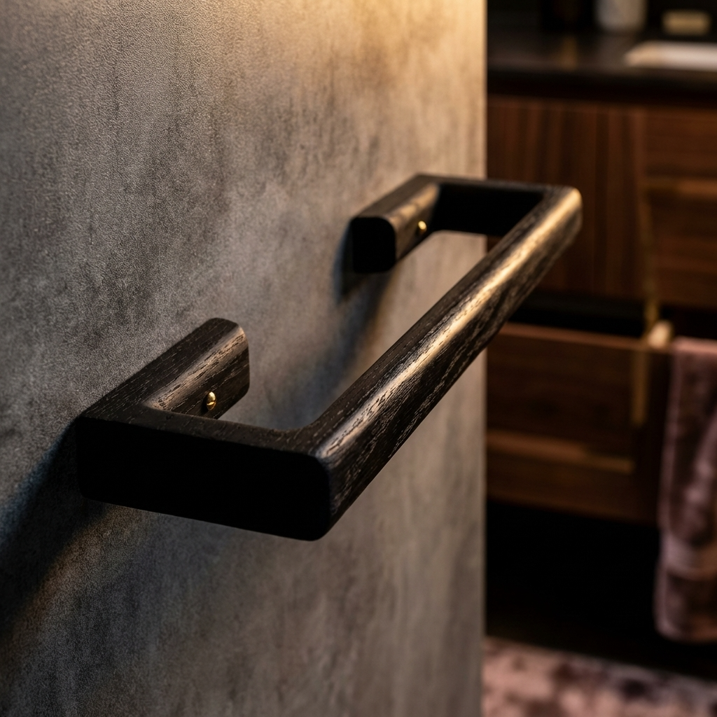 Black towel bar mounted on a textured gray wall.