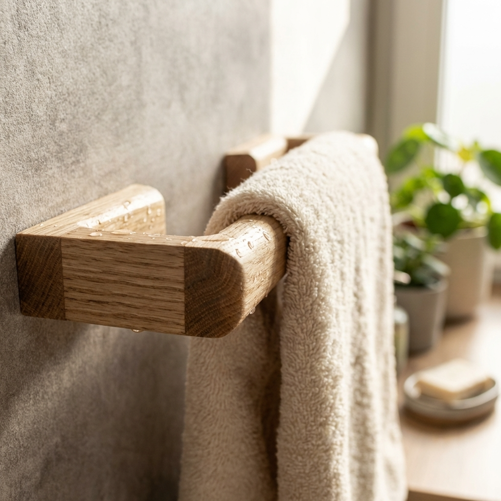 Wooden towel rack with a towel in a bathroom setting
