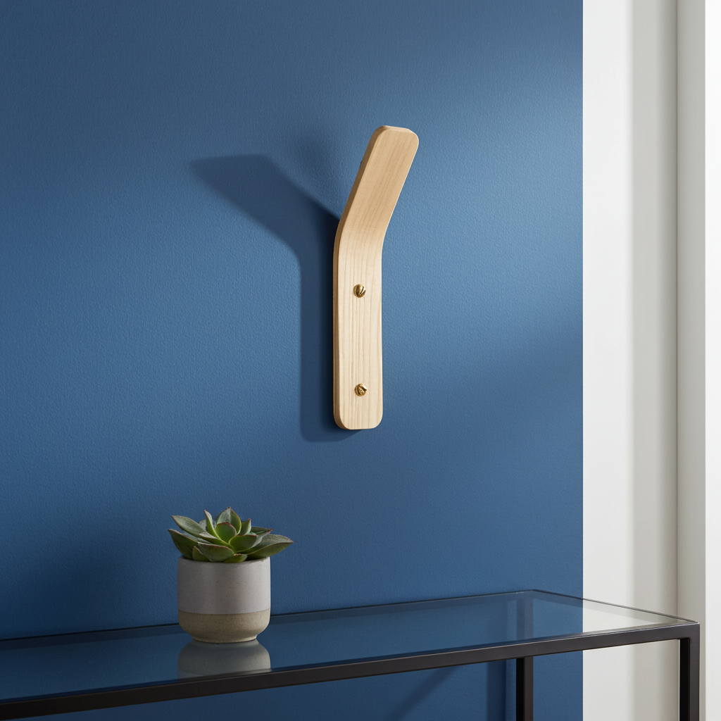 Wooden wall bracket against a blue wall with a plant on a table below.