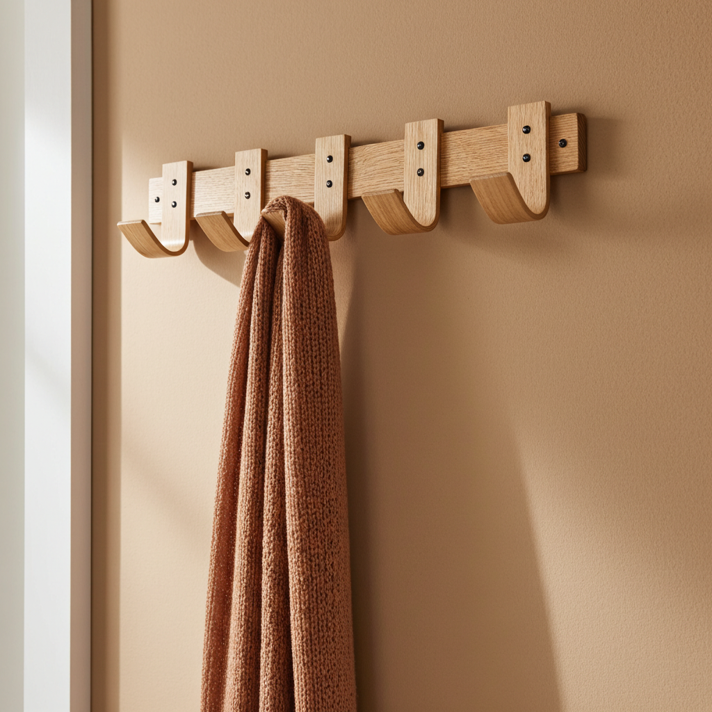 Wooden coat rack with hooks on a beige wall, featuring a brown towel.