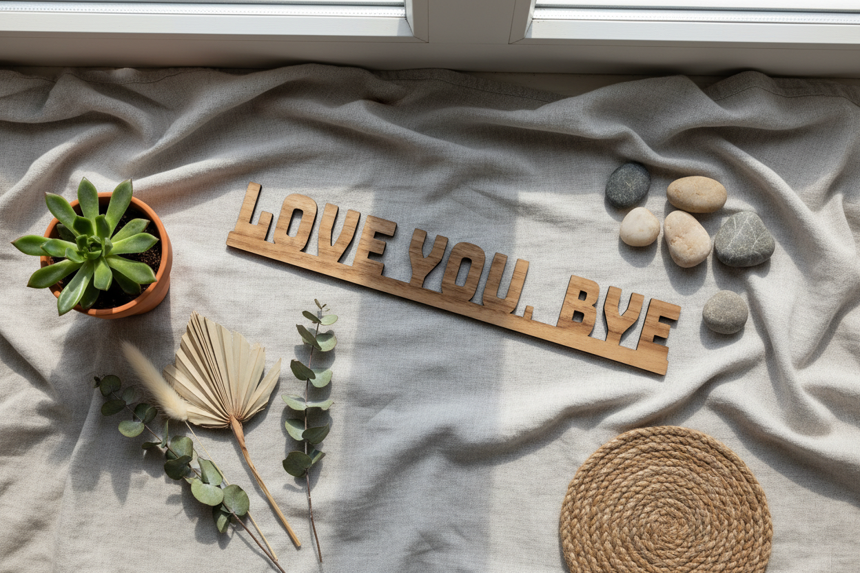 Wooden sign with 'LOVE YOU RYE' on a draped fabric surface with plants and stones.