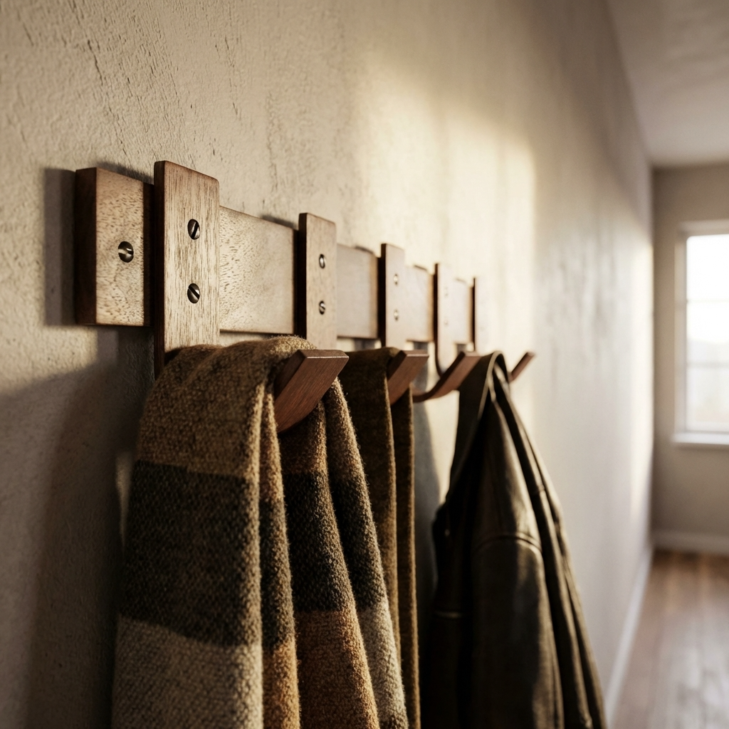 Home office with walnut coat rack for organization