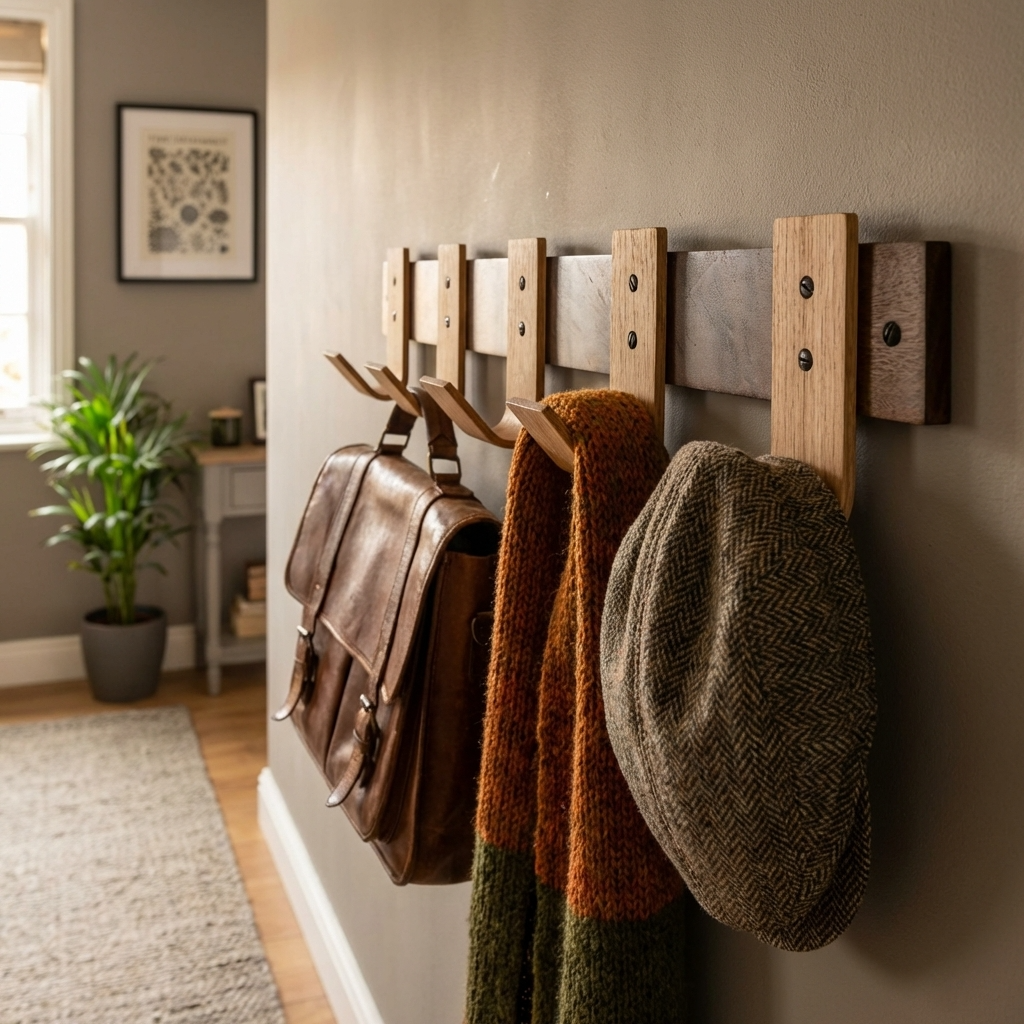 Angled view highlighting steam-bent curves and oak hooks