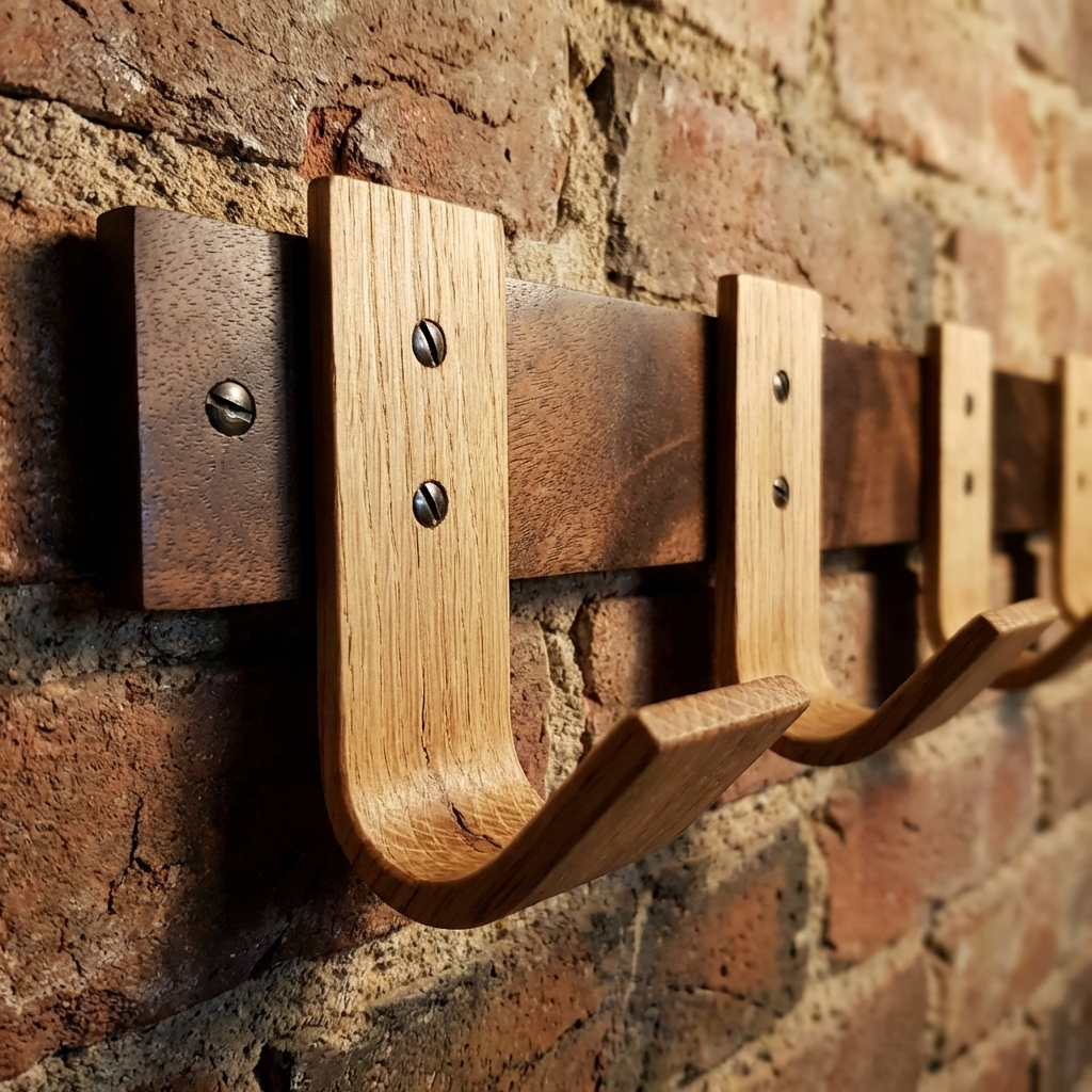 Close-up of 5 oak coat hooks on walnut rack