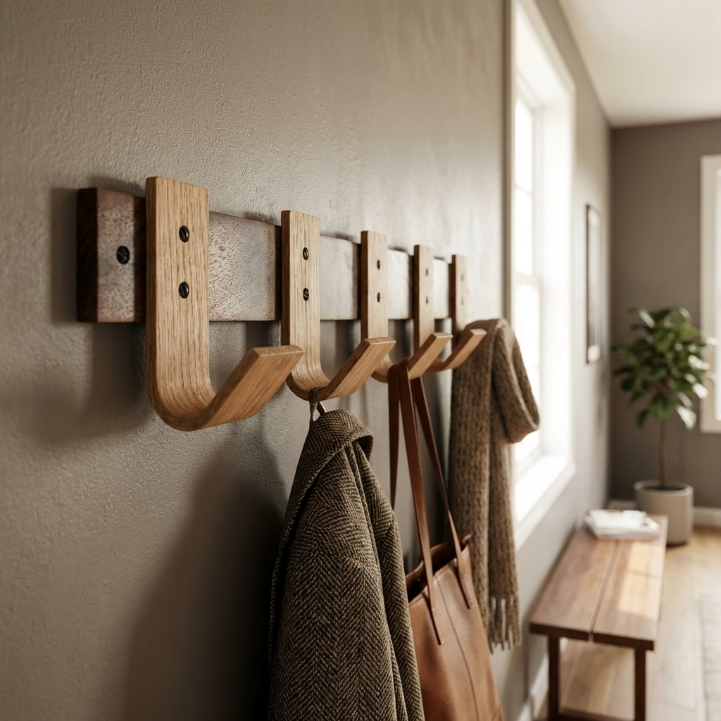 Walnut coat rack with oak hooks holding jackets, bags, scarves