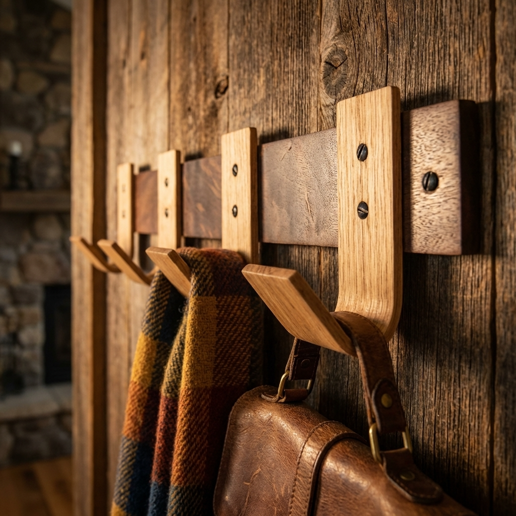 Wall-mounted walnut coat rack with oak hooks and installation hardware