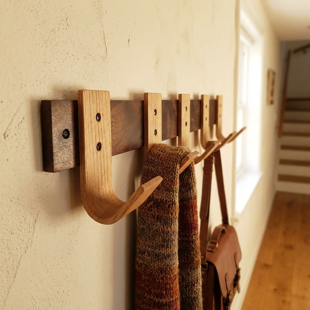 Walnut coat rack with oak hooks in hallway holding coats and bags