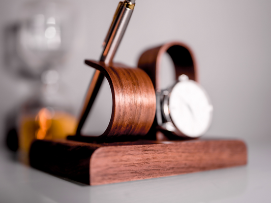 Best luxury pen stand and watch stand display holds 1 watch made from solid black walnut