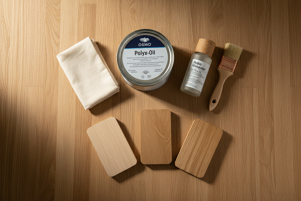 Premium wood finishing products on a natural oak surface — Osmo, Rubio Monocoat, brush and oak samples
