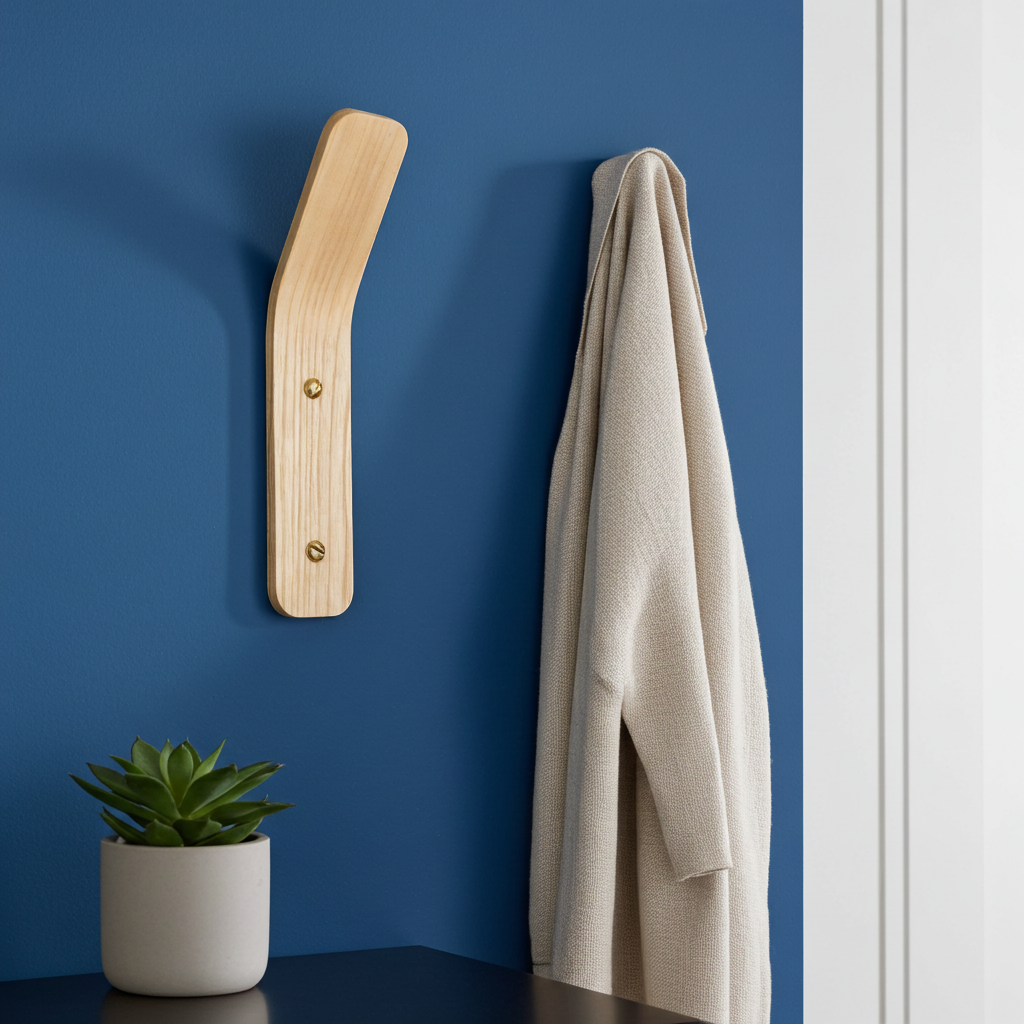 Wooden coat rack with a towel against a blue wall, next to a potted plant.