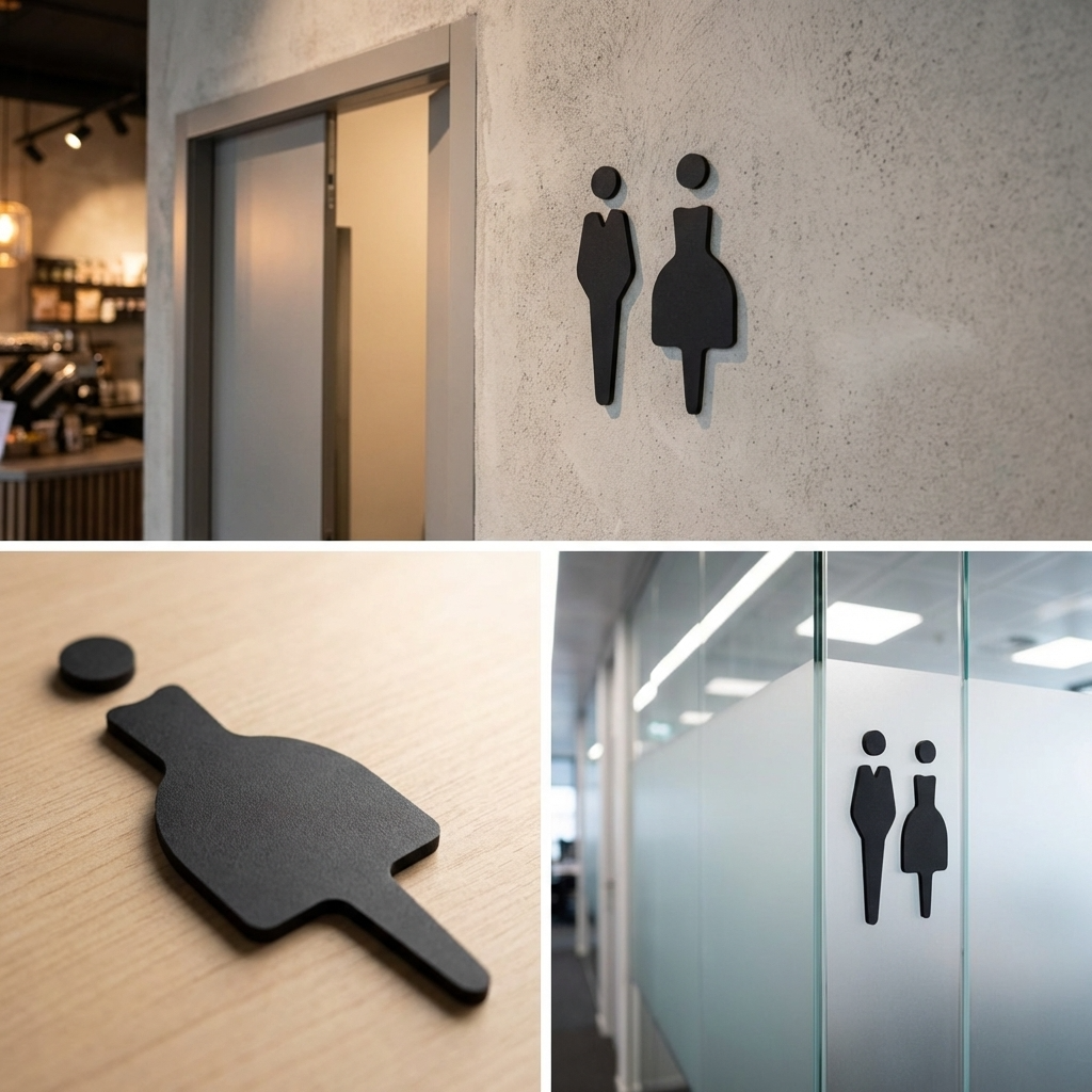 Black man and woman restroom signs on a concrete wall, wooden surface, and glass door.