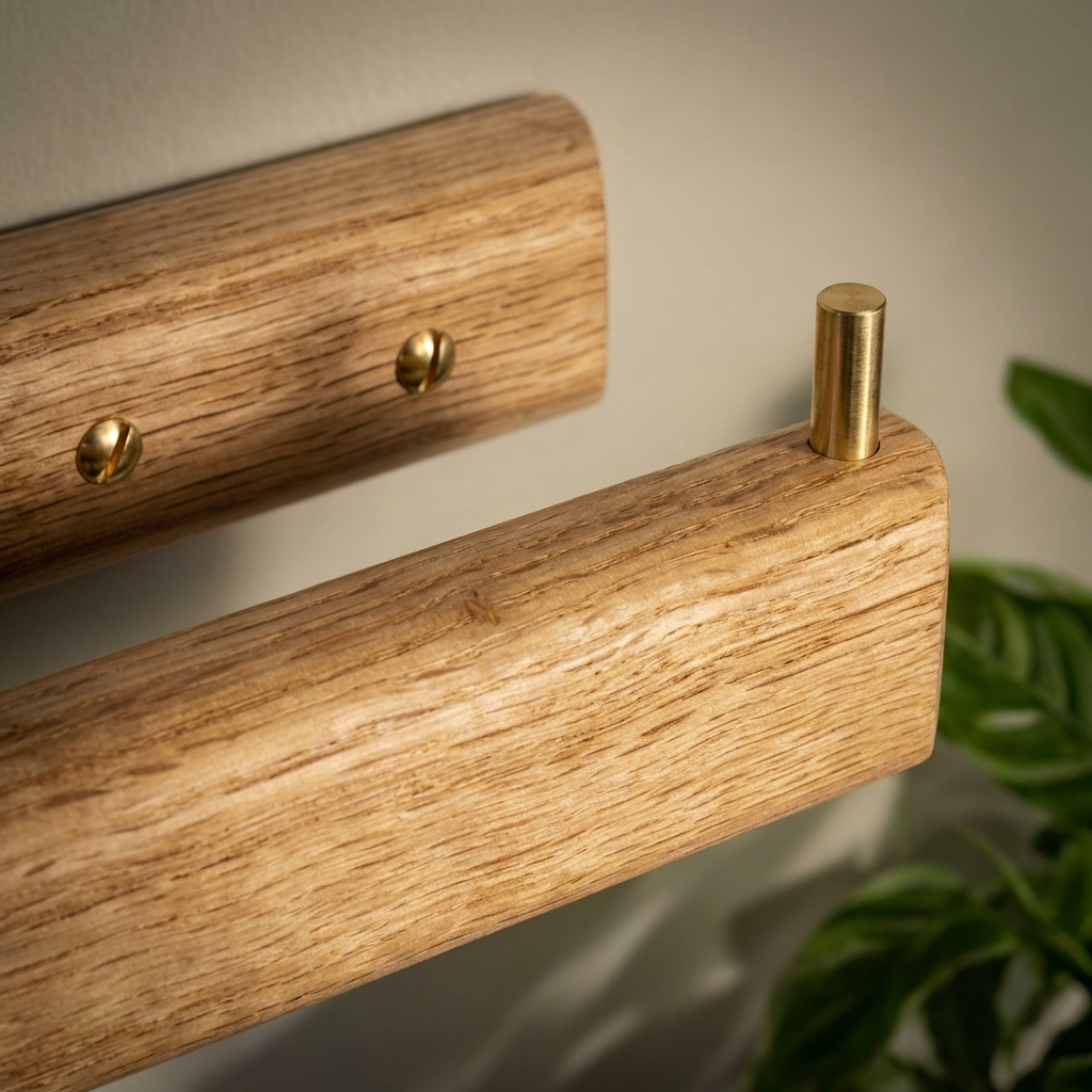 Close up shot of Oak toilet paper holder 