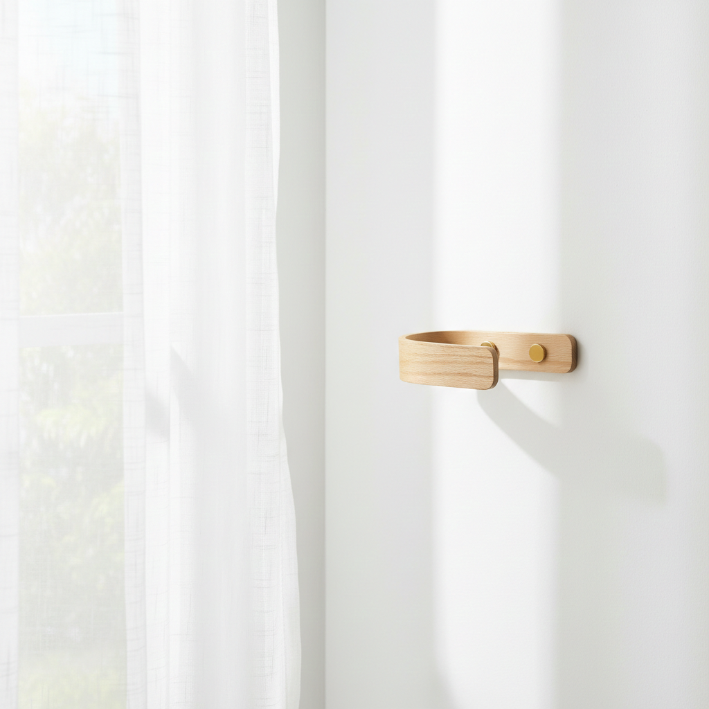 Curtain holdback with brass fittings  with curtains against a white wall