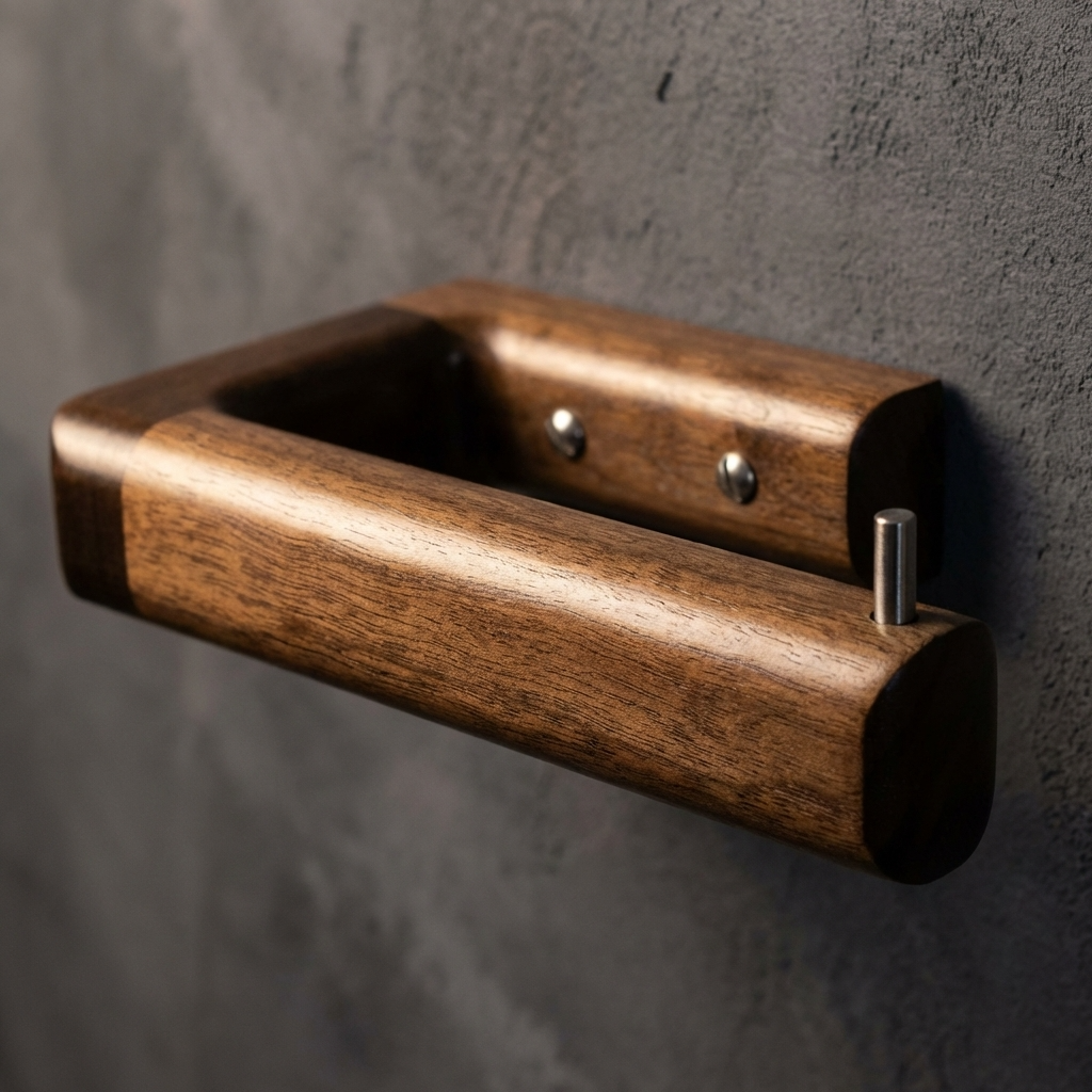 Wooden wall-mounted toilet paper holder with steel screws on a gray concrete wall
