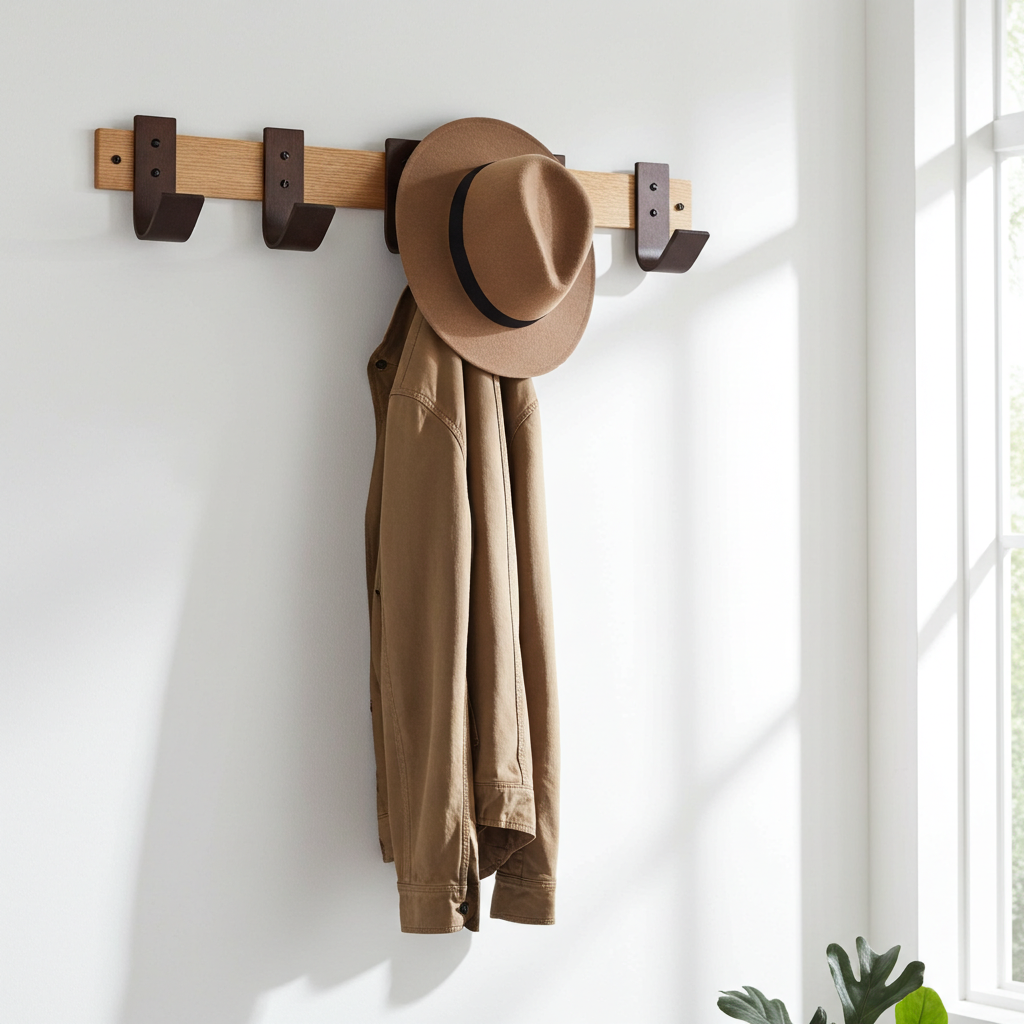 Wooden wall hook with a brown hat and jacket on a white wall.