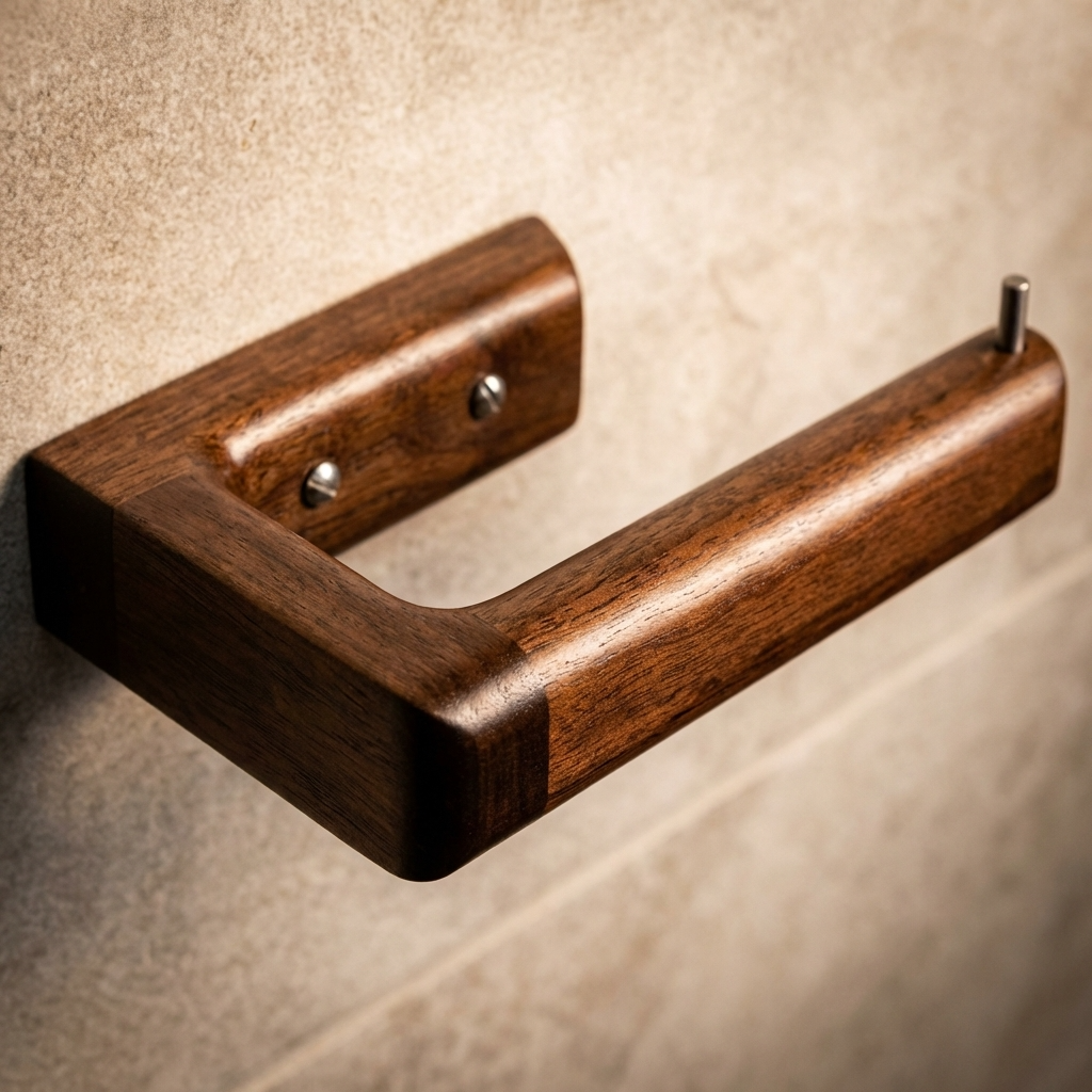 Wooden toliet roll holder mounted on a textured tiles on the wall