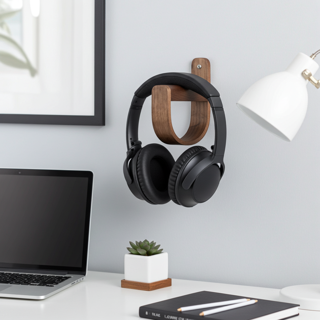 Black headphones hanging on a wooden headband holder above a desk with a laptop, notebook, and lamp.