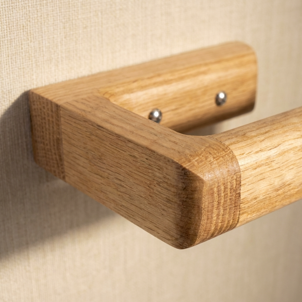 Macro shot of the oak toilet roll holder