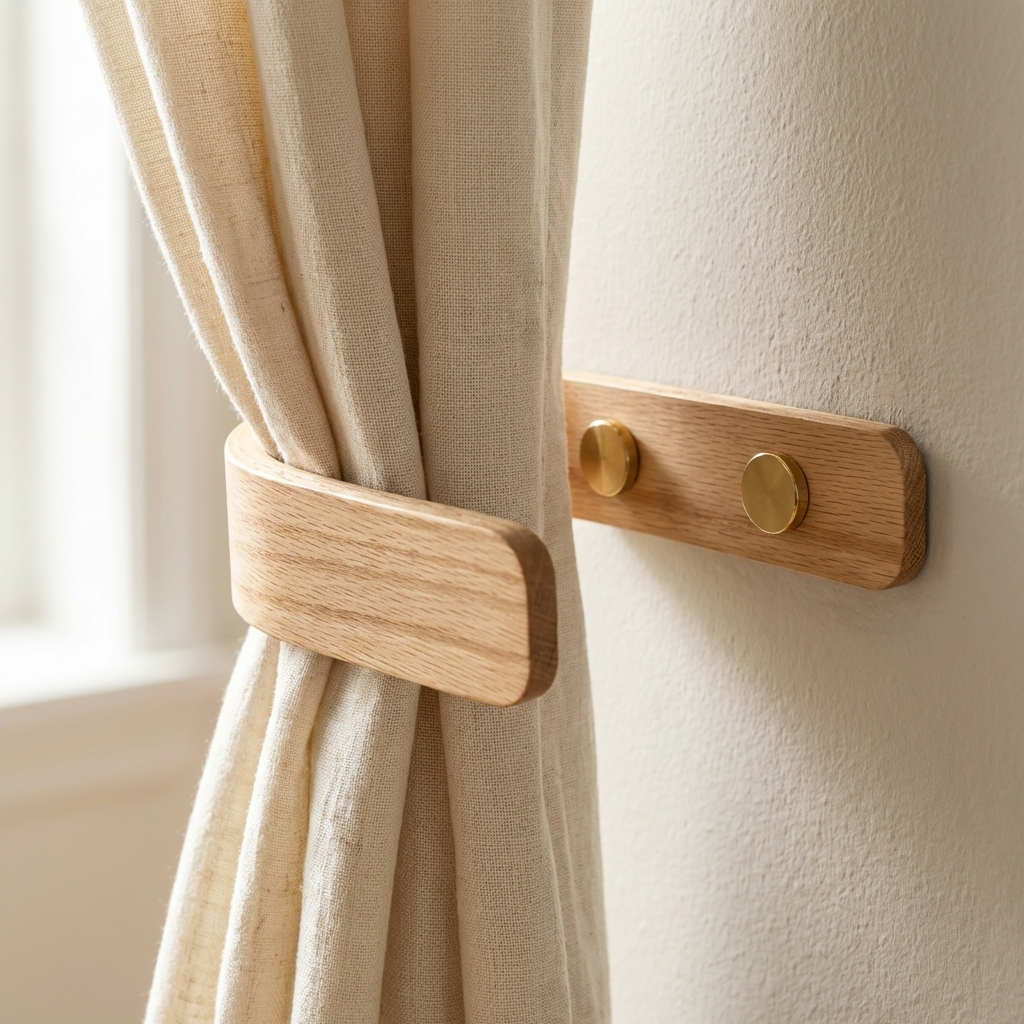 Beige curtain tied with a wooden tieback against a neutral wall